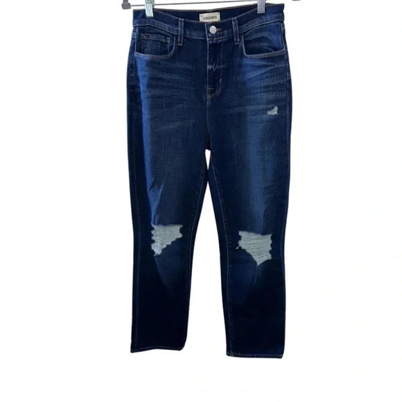 L'Agence Shane Distressed Mid Rise Slouchy Straight Jeans Dark Wash Size 28 - Picture 4 of 8